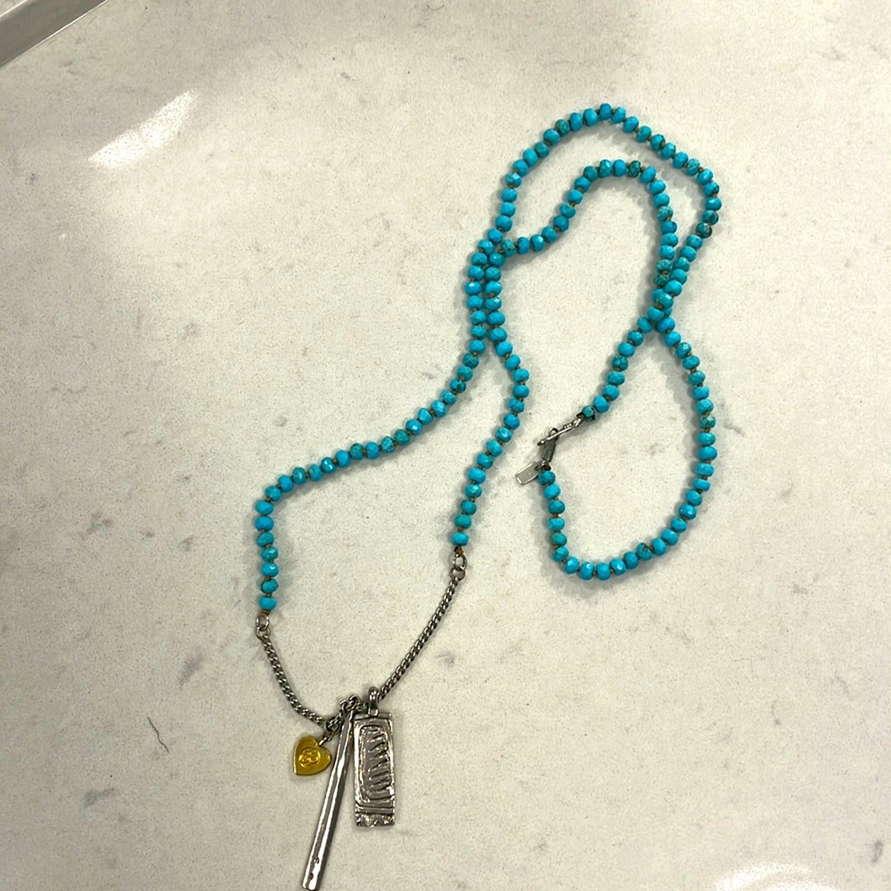 Chan Luu Turquoise Beaded Necklace with Silver and Gold Charms